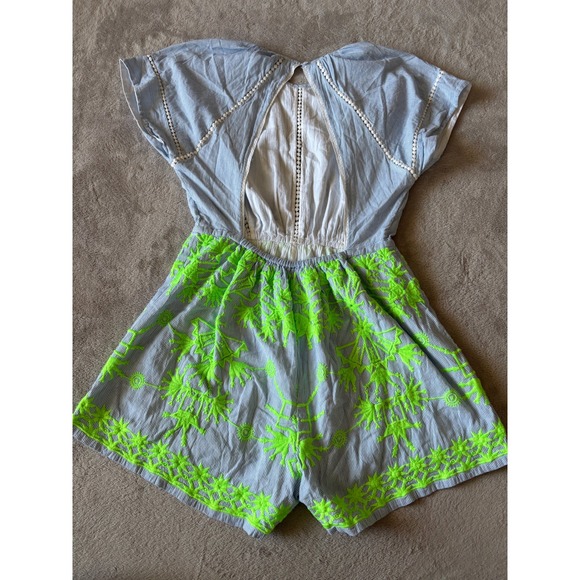 Basta Surf Size‎ Med Striped Romper Neon Palm Print Pom Trim Summer Outfit - Picture 6 of 8